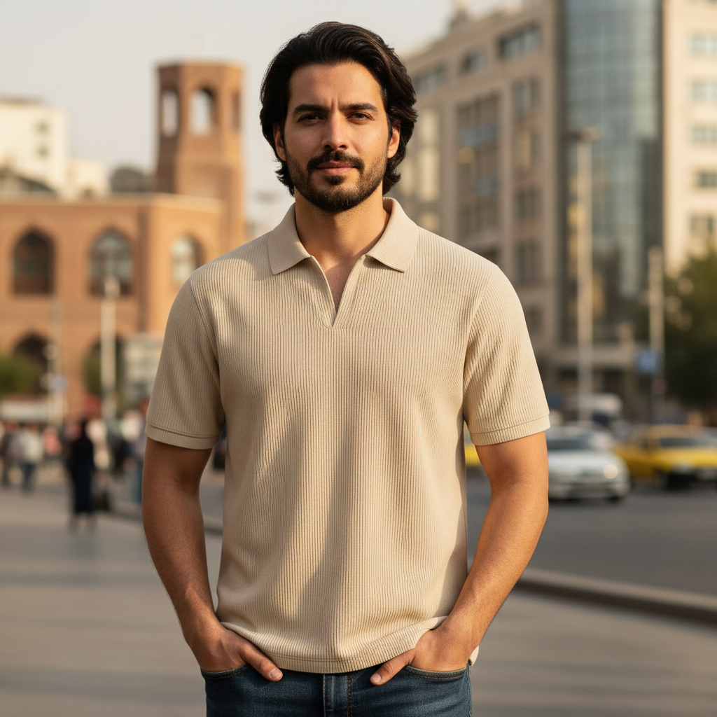 تیشرت میله ای یقه دار tavar-کرم